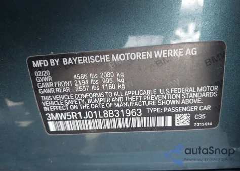 2020 BMW 330I from USA, damaged, VIN 3MW5R1J01L8B31963